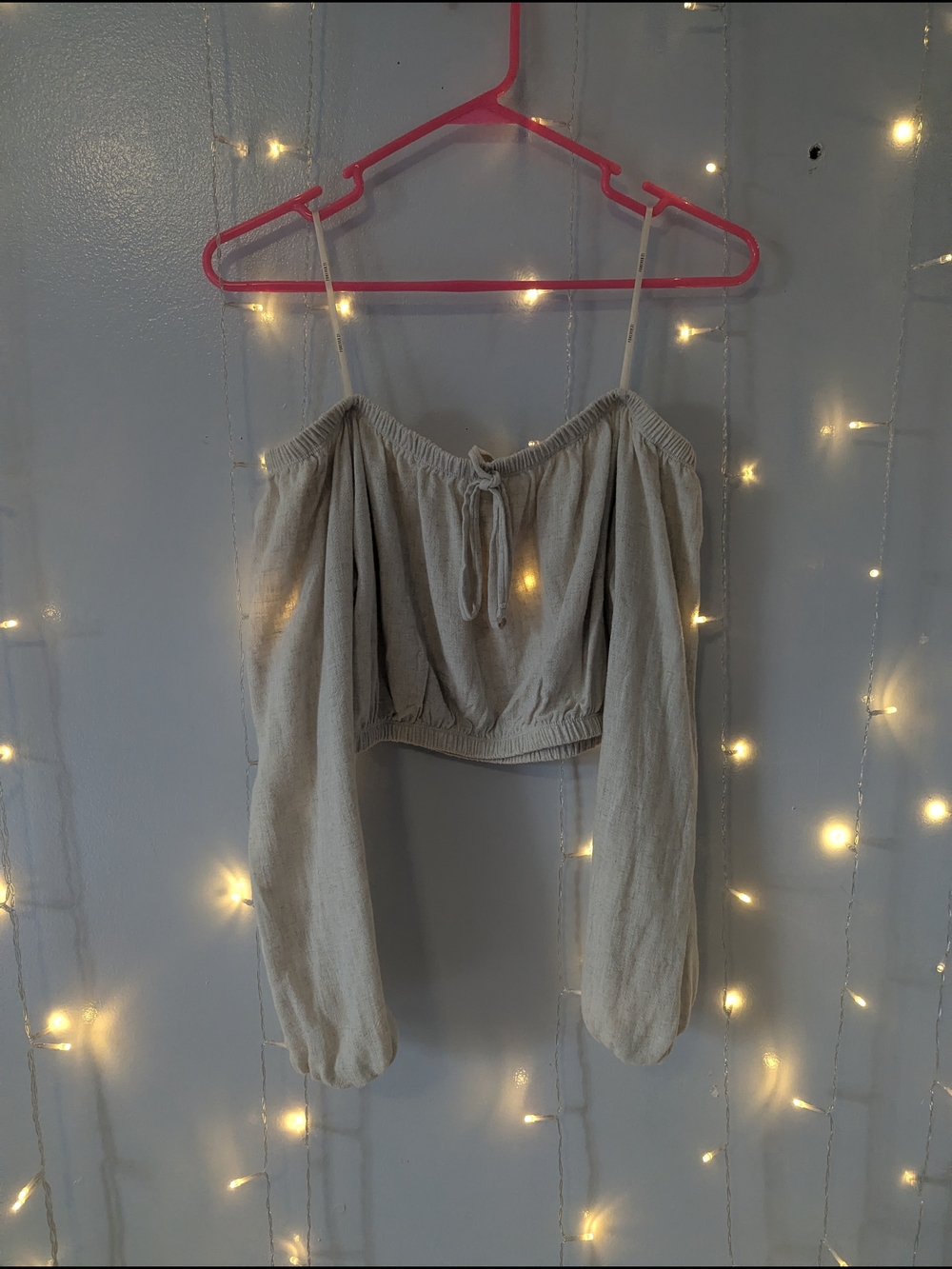 Forever 21 Beige Off-Shoulder Long Sleeve Crop Top